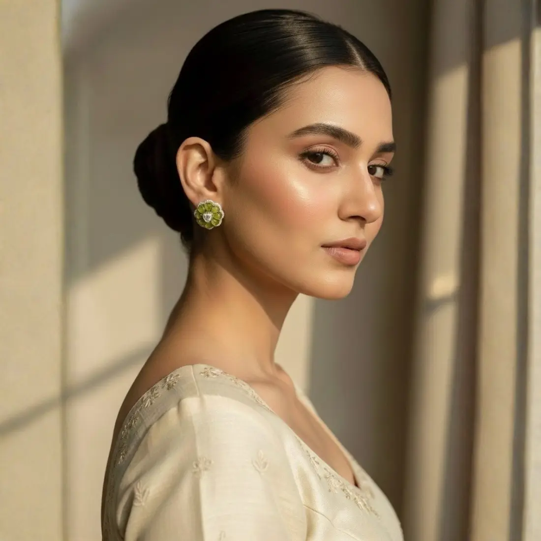 Olive Bloom Studs in Model